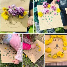 several pictures of children making crafts with flowers and paper plates on the ground, including a cardboard box