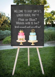 a sign that says welcome to baby smith's gender reveal party pink or blue which will he be?