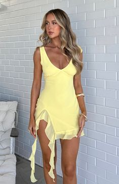 Like That Mini Dress Buttercup Spring Formal Mini Dress, Hoco Dresses For Big Bust, Hoco Dresses A Line, Glamorous Summer Mini Dress With Ruffled Straps, Glamorous Mini Dress With Ruffled Straps For Summer, Glamorous Yellow Mini Dress For Summer, Beachy Hoco Dress, Yellow Dresses With Ruffled Straps For Party, Yellow Party Dress With Ruffled Straps