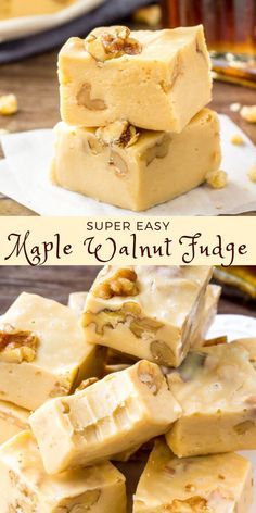 some pieces of fudge are stacked on top of each other and the words maple walnut fudge above it