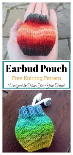 an image of a hand holding a knitted pouch with the words earbud pouch free knitting pattern