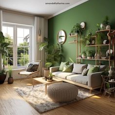 a living room with green walls and wooden floors