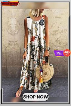 Floral Round Neckline Sleeveless Maxi A Line Dress P109826 Womens Boho Dresses, Mode Hippie, Casual Sundress, Sleeveless Long Dress, Sleeveless Dress Summer, Maxi Robes, Vintage Maxi Dress, Maxi Tank Dress, Long Summer Dresses