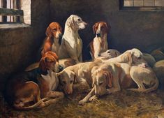 a painting of four dogs in a stable with their puppies laying on the ground