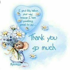 a thank card for someone's birthday with a mouse holding flowers and a heart shaped balloon