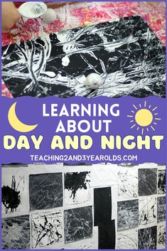 a poster with the words learning about day and night written in white letters on it