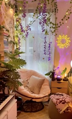 a living room filled with furniture and lots of plants on the windowsill, next to a window covered in purple lights