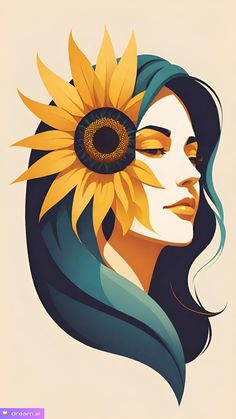 a woman's face with a sunflower in her hair