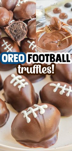 chocolate covered football truffles on a plate with the words oreo football truffles