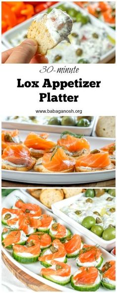 an appetizer platter is shown with different types of food on it and the words, 30 minute lox appetizer platter