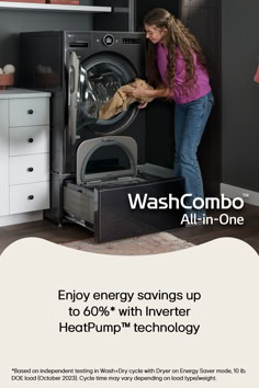 Enjoy energy savings up to 60%* with Inverter HeatPump™ technology *Based on independent testing in Wash+Dry cycle with Dryer on Energy Saver mode, 10 lb. DOE load (October 2023). Cycle time may vary depending on load type/weight. House Laundry Room, Lg Washer And Dryer, Lg Washer, Stackable Washer And Dryer, Dream Laundry Room, Laundry Solutions, Laundry Room Renovation, Laundry Room Inspiration, Energy Saver