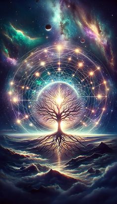 the tree of life is surrounded by stars and other things in the sky above it