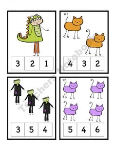 four different pictures showing the same number of people and their pets, with numbers in them