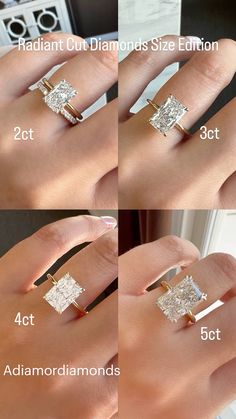 four different views of an engagement ring with diamonds on each side and in the middle