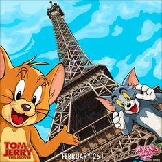 an image of tom and jerry in front of the eiffel tower with cat