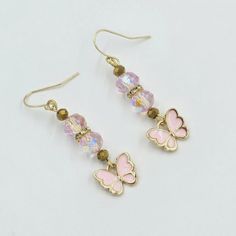 Pink & Gold Butterfly Crystal Beaded Dangle Earrings Handmade By Me Enamel Butterfly Charms Briolette Crystals 14k Gold Plated Earring Hooks 1.75" Drop New Enamel Earrings Handmade, Butterfly Crystal, Enamel Butterfly, Earring Ideas, Gold Butterfly, Enamel Earrings, Butterfly Charm, Beaded Dangle Earrings, Enamel Charms