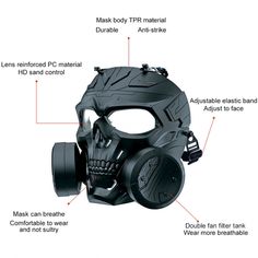 Looking for the latest in fashion-forward techwear? Look no further than Gas Mask Techwear! Our gas masks are perfect for looking stylish. Whether you're hitting the streets or heading to a club, our masks will keep you looking your best. So why wait? Order your Gas Mask Techwear today! Head Circumference: 58-60cm Post-apocalyptic Full Face Black Mask, Futuristic Black Masks And Prosthetics For Streetwear, Futuristic Full Face Mask For Streetwear, Black Masks For Halloween Streetwear, Cyberpunk Full Face Mask For Streetwear, Black Cyberpunk Mask For Streetwear, Cyberpunk Black Mask For Streetwear, Tactical Gas Mask, Mechanical Skull