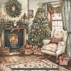 a painting of a living room decorated for christmas