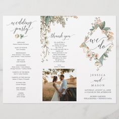 an elegant wedding program with flowers and greenery