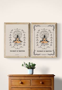 two framed posters on the wall above a dresser with a potted plant in front of it