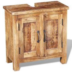 a wooden cabinet with two doors and handles