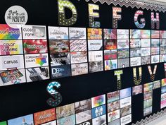 a bulletin board covered in lots of different types of letters and numbers with pictures all over it