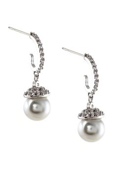 Rhodium Crystal Cubic Zirconia Dangle Earrings with White Pearl Drop Elegant Nickel-free Drop Bridal Earrings, Elegant Nickel-free Dangle Hoop Earrings, Silver Cubic Zirconia Dangle Pearl Earrings, Silver Dangle Pearl Earrings With Cubic Zirconia, Silver Crystal Earrings With Ear Wire For Formal Occasions, Formal Silver Crystal Earrings With Ear Wire, Silver Crystal Earrings For Formal Occasions, Elegant Nickel-free Crystal Earrings, Silver Round Crystal Earrings With Pearl Drop