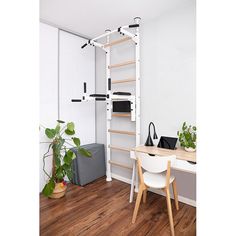 a room with a desk, chair and shelving unit on the wall next to a potted plant