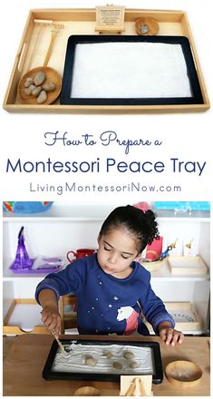 a young child playing with montessoi peace tray