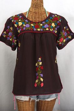 Mexican blouse alert!  Siren's "La Lijera" Embroidered Peasant Blouse Mexican Style in Milk Chocolate Brown with Multi Color Embroidery. #tops