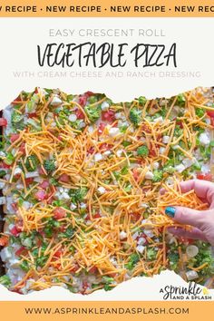 the recipe for vegetable pizza with cream cheese and ranch dressing is shown in this postcard