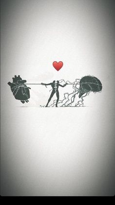 a drawing of two people pulling a heart on a rope