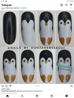 Freehand Nail Art Design, Penguin Nails Designs, Penguin Nail Art Christmas, Winter Penguin Nails, Winter Animal Nails, Step By Step Christmas Nail Art, Penguin Christmas Nails, Penguin Nails Christmas, Olaf Nails Designs