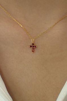 Garnet Necklace / Tiny Cross Pendant for Women / January Birthstone Necklace / Religious Necklace Gift / Black Friday Sale About Features- * Made to order * Materials: 925 Sterling Silver * Gold color: Yellow Gold Plating, White Gold Plating, and Rose Gold Plating * Gemstones: Simulated Garnet (CZ) * Layaway Plan Available * SKU: N271 For Ready-to-ship items search here, https://etsy.me/39BDvMS As a reference, I've included the widths of coins for your visual reference: Dime = 1.25mm Penny = 1.4 Gemstone Cross Pendant Jewelry Gift, Red Cross Necklace For Valentine's Day, Valentine's Day Cross Pendant Jewelry Gift, Valentine's Day Gift Cross Pendant Jewelry, Red Pendant Necklaces For Birthday Gift, Red Pendant Necklace For Birthday Gift, Handmade Red Jewelry For Birthday Gift, Cross-shaped Birthstone Necklaces As Gifts, Cross Necklace With Birthstone For Gift