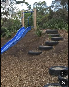 Outdoor Kids Play Area Diy, Diy Tire Playground Ideas, Diy Outside Play Area For Kids, Family Backyard Layout Play Areas, Diy Outdoor Play Area For Kids, Custom Playground, Backyard Creek, Creek Ideas, Nature Playground