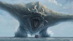 a giant monster with its mouth open and two people in a boat on the water