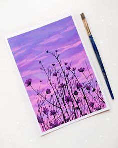 a painting of purple flowers on a white surface