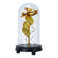 a gold rose in a glass dome on a black base