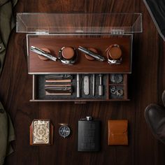 The Combo Deck is a customizable watch and pocket knife organizer, allowing you to mix and match your watches and knives, in one place.  The patented innovative interchangeable posts set this knife and watch box organizer for men apart from the competition.  The transparent acrylic cover stands at a 90-degree angle, so you can easily select your timepiece or knife from your watch boxes.  Just slide your watches or knives onto the proper posts, and they'll be secure and ready to be displayed.  Th Wood Reference, Knife Organizer, Mens Valet, Knife Organization, Wood Watch Box, Bourbon Bar, Watch Stand, Watch Boxes, Wood Shop Projects