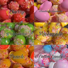 four different types of candies are shown in three separate pictures with the words candy, pineapple, cotton candy and cherry