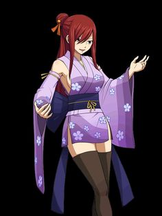 an anime character with long red hair and purple clothes, holding her hand out to the side