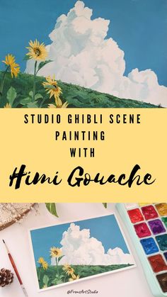 a painting with the words, studio ghibi scene painting with himi gouache