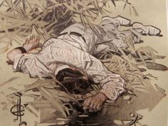 a drawing of a man laying on the ground with his head down and arms out