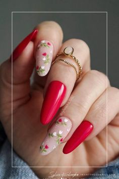 tulip nails designs Spring Nail Trends, Cute Spring Nails, Spring Nail Colors, Flower Nail Designs, Red Nail Designs, Cute Summer Nails, Spring Nail Art, Trendy Nail Design