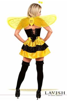 a woman in a bee costume is standing with her hands on her hips and legs crossed