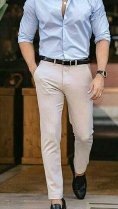 Men Wedding Casual Outfit, Dark Blue And Beige Outfit, Light Blue Dress Shirt Outfit Men, Light Blue Shirt Outfit Men Casual, Beige Pants Outfit Men Formal, Light Blue Shirt Outfit Men, Light Beige Pants Outfit, Beige Pants Outfit Men, Beige And Blue Outfit