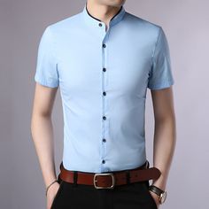 Gender: Men Item Type: Shirts Shirts Type: Casual Shirts Material: COTTON Material: Polyester Sleeve Length(cm): Short Collar: Mandarin Collar Style: Casual Sleeve Style: REGULAR Pattern Type: Solid Closure Type: Single Breasted Fabric: 60.3% Polyester, 39.7% Cotton Casual Collar Cotton Dress Shirt For Summer, Summer Cotton Dress Shirt With Casual Collar, Summer Casual Collar Cotton Dress Shirt, Casual Fitted Shirt With Casual Collar, Light Blue Casual Collar Cotton Shirt, Spring Cotton Dress Shirt With Short Sleeves, Slim Fit Light Blue Collared Shirt, Slim Fit Short Sleeve Summer T-shirt, Slim Fit Short Sleeve Top For Business Casual