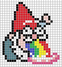 a cross stitch pattern with a gnome holding a rainbow