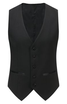 Bring understated elegance to the table in this three-piece tuxedo crafted from rich fabric in a classic single-breasted silhouette. Jacket has shawl collar; chest welt pocket; front welt pockets Vest has front button closure; V-neck Pants have zip fly with button closure; front slant pockets; back button-welt pockets Jacket and vest are lined; trousers are lined to the knee 65% polyester, 35% viscose Dry clean Imported Each suit has a 6” drop, meaning that a size 38R jacket is paired with size Fitted Tuxedo With Hidden Button Closure For Parties, Elegant Fitted Tuxedo With Hidden Button Closure, Elegant Fitted Tuxedo With Hidden Buttons, Elegant Semi-formal Vest With Hidden Button Closure, Elegant Fitted Solid Color Sets, Elegant Semi-formal Vest, Elegant Fitted Sets, Elegant Fitted Satin Sets, Tailored Satin Elegant Suit