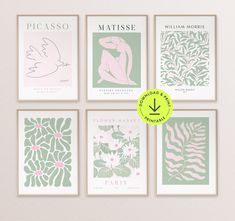 four posters with different designs on them in pastel green, pink and white colors